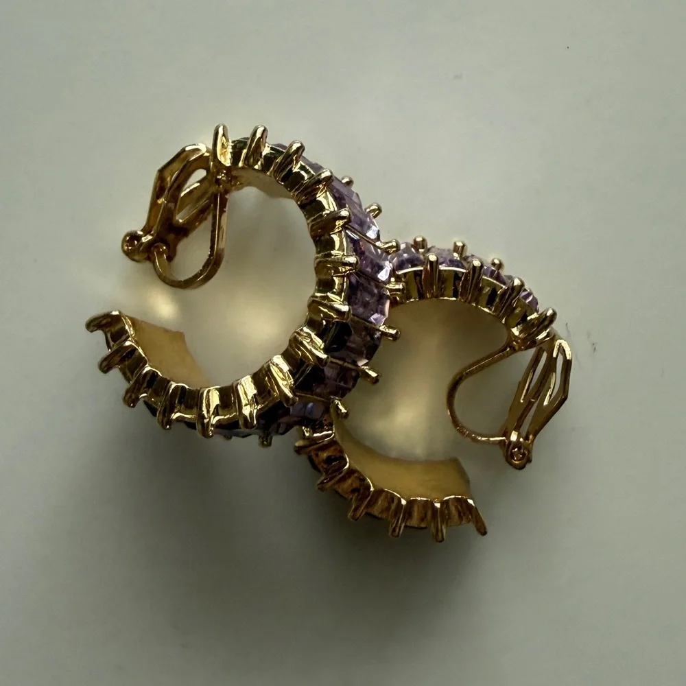 Elegant Gold and Purple Amethyst Hoop Clip On Earrings - Picture 2 of 6